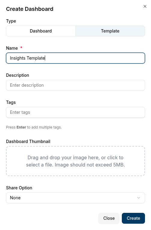 Create Dashboard modal with the Template type selected, showing name, tags, and share options